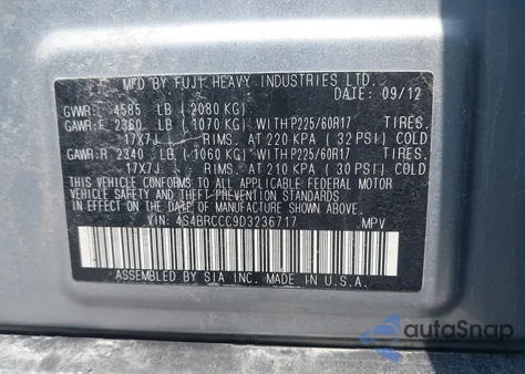 2013 Subaru Outback 2.5I Premium z USA, uszkodzony, nr VIN 4S4BRCCC9D3236717